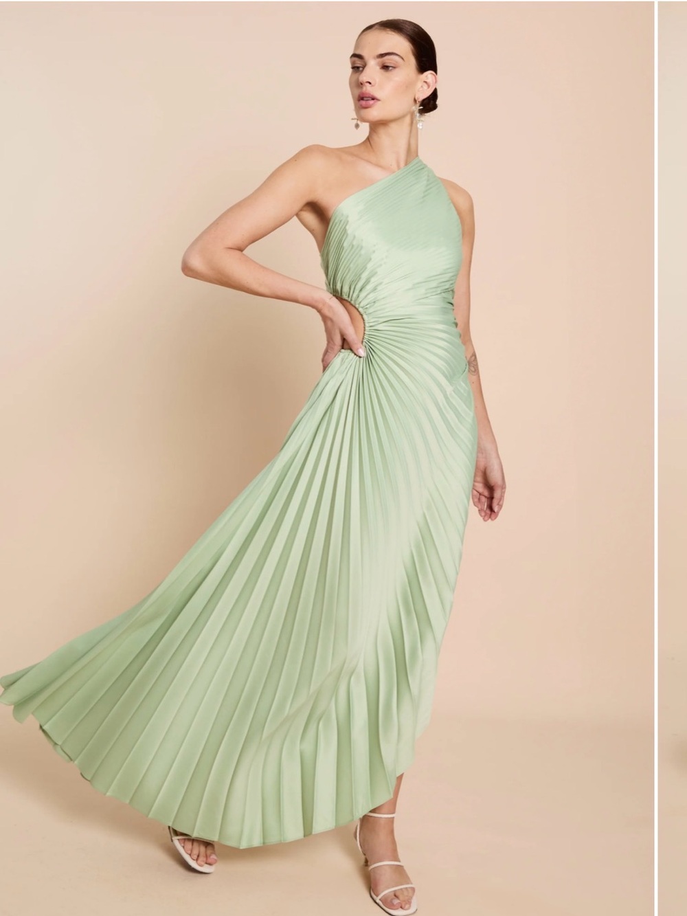 Few Moda opt Perko Pleated One-Shoulder Asymmetric Midi Dress-Soft Green-Size L